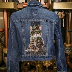 Handpainted Steam Punk Cat On A Denim Jean Jacket